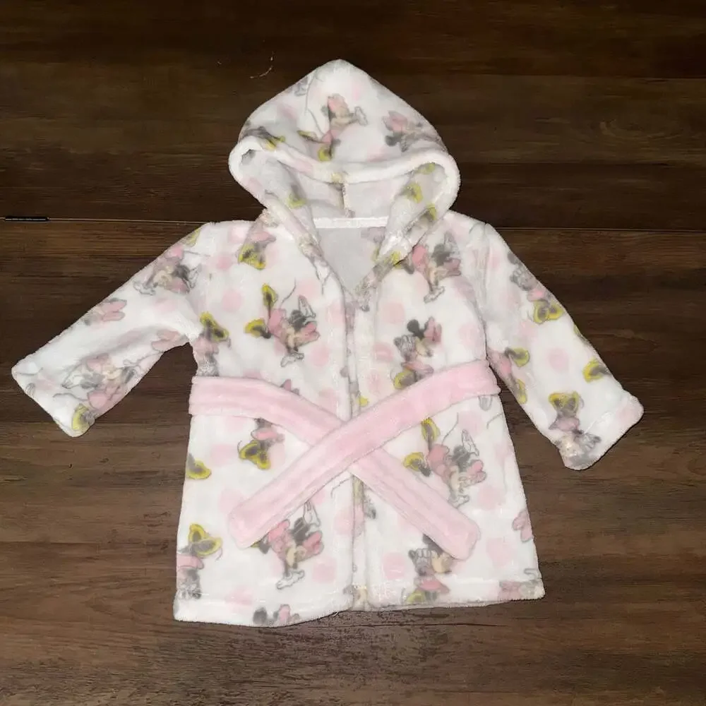 Disney Baby Minnie Mouse Plush Hooded Bathrobe White Pink 0-9M